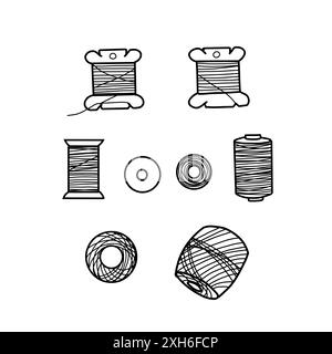 Set of different threads spools for sewing and embroidery, knitting or macrame, top and side view. Hand drawn Vector illustration of Skeins. Spools Stock Vector