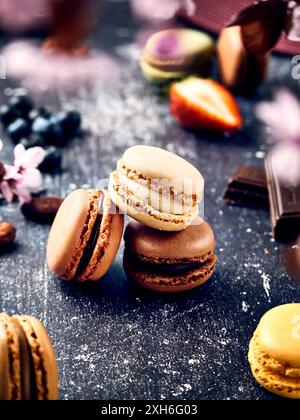 A close-up of assorted macarons shallow depth of field with a cup of coffee in the background on a dark surface Stock Photo