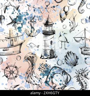Nautical seamless pattern with marine underwater animals, a lighthouse and a boat. Illustration of graphic line art in black and white, hand drawn Stock Vector