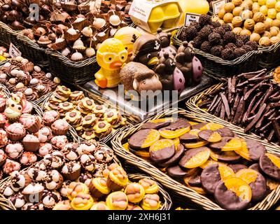 A confectionery stall in Mercat de la Boqueria in Las Ramblas in Barcelona, Catalonia, Spain. Stock Photo