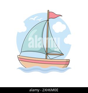 Sailboat at Sea Vector Illustration. Cartoon Sailing Ship with Blue Waves, Clouds and Seagulls. Sailing Vessel in the Ocean, Summer, Vacation, Tourism. Stock Vector