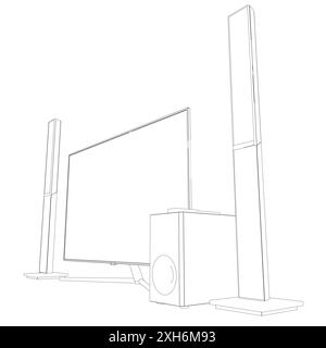 Contour TV home theater with sound speaker design. Speakers and television, tv set icon in black flat glyph, outline style isolated on white backgroun Stock Vector