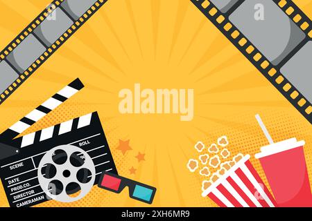 Cinema movie banner with pop art style elements. Popcorn bucket, cold drink soda with straw, clapper board, film reel and 3d glasses. Movie film premi Stock Vector