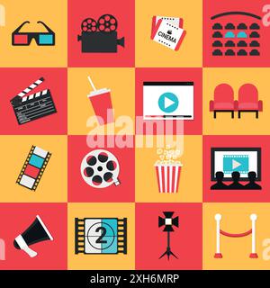 Cinema movie icons set. 3d glasses, camera, tickets, movie theater reservation, clapper board, film strip, film reel, popcorn bucket, movie theater sc Stock Vector