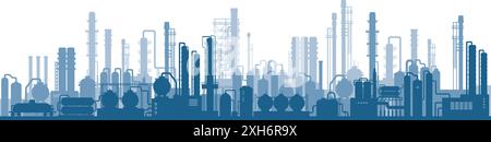 Industrial factories silhouette background. Horizontal seamless pattern. Oil refinery complex with pipes and tanks gas production. Stock Vector
