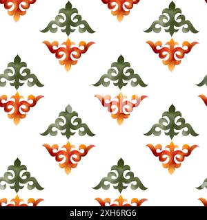 Kazakh pattern seamless watercolor. Ornament with with patterns. Hand drawn illustration on white background of Asian elements. For printing on Stock Photo