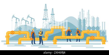 Oil gas workers. Petroleum pipeline engineers. Pipelines and pumps.  Energy resources. Fuel products industry. Petrol production workers Stock Vector