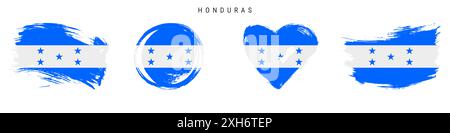 Honduras hand drawn grunge style flag icon set. Honduran banner in official colors. Free brush stroke shape, circle and heart-shaped. Flat illustratio Stock Photo