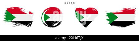 Sudan hand drawn grunge style flag icon set. Sudanese banner in official colors. Free brush stroke shape, circle and heart-shaped. Flat illustration i Stock Photo