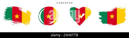 Cameroon hand drawn grunge style flag icon set. Cameroonian banner in official colors. Free brush stroke shape, circle and heart-shaped. Flat illustra Stock Photo