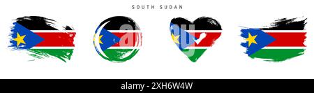 South Sudan hand drawn grunge style flag icon set. South Sudanese banner in official colors. Free brush stroke shape, circle and heart-shaped. Flat il Stock Photo