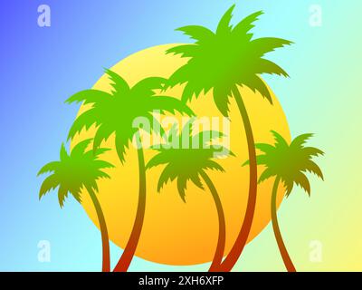 Silhouettes of palm trees at sunset gradient sun. Summer time. Colorful gradient colors, tropical sunset with palm trees and sun. Design for banners, Stock Vector