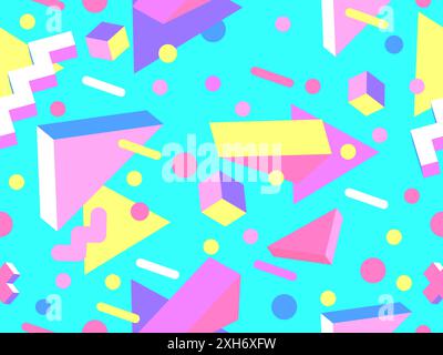 Geometric seamless pattern in 80s style. Colorful geometric pattern with isometric geometric 3D shapes. Design of promotional products, wrapping paper Stock Vector