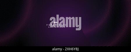 Abstract Dark Purple-Pink Gradient Circles Flowing Dot Waving Particle Geometric Technology Background. Digital Futuristic Black Violet Dotted Wave Stock Vector