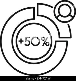 Line art style icon of a pie chart indicating a 50 percent increase with a marketing specialist analyzing the data Stock Vector