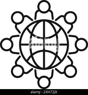 Line art icon of people holding hands around a globe, representing global unity and collaboration Stock Vector