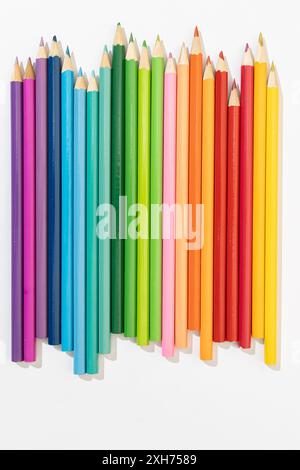 Variety of Colored pencils isolated on light gray background Stock Photo