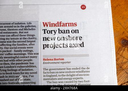 'Windfarms Tory ban on new onshore projects axed' Guardian newspaper headline green energy environmental Labour article 9 July 2024 London England UK Stock Photo