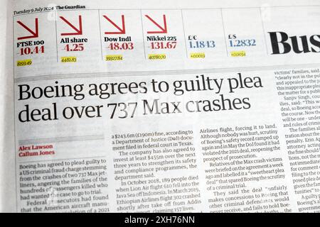 'Boeing agrees to guilty plea deal over 737 Max crashes' Guardian newspaper headline criminal fraud court case article 9 July 2024 London UK Stock Photo