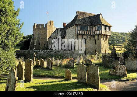 13C Stokesay Castle, Craven Arms, Shropshire England from Church of St. John. Timbered North Tower, banqueting hall, South Tower Stock Photo