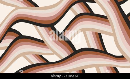 Groovy wavy stripes pattern on beige background. Abstract vintage art design in 60s-70s style Stock Vector