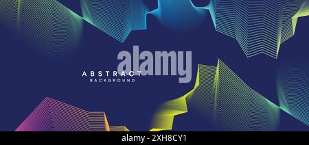 Abstract dark blue, purple geometric digital future technology flowing line background. Yellow-green-navy blue gradient wave lines texture web banner Stock Vector