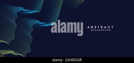 Abstract dark blue, purple geometric digital future technology flowing line background. Yellow-green-navy blue gradient wave lines texture web banner Stock Vector