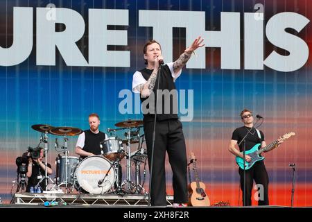 Glasgow, UK. 12th July, 2024. The band 'Picture This' played TRNSMT on the first day of the annual music festival, held in Glasgow Green, near Glasgow City centre, Scotland, UK. Credit: Findlay/Alamy Live News Stock Photo