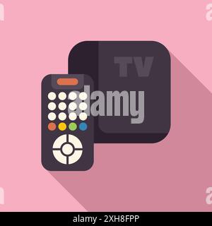 Tv box for video streaming services is lying on a pink background next to the remote control Stock Vector