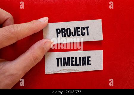 Project timeline message written on paper pieces with red background. Conceptual project timeline symbol. Copy space. Stock Photo