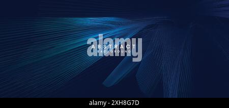 Abstract dark blue, purple geometric digital future technology flowing line background. Yellow-green-navy blue gradient wave lines texture web banner Stock Vector