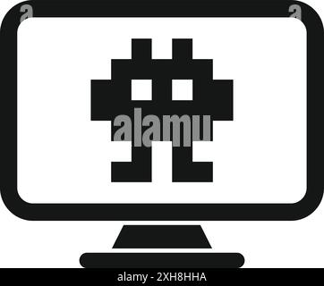 Black and white icon of a pixelated alien invader displayed on a computer monitor, representing online gaming and cybersecurity Stock Vector