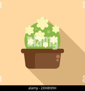 Round cactus with white flowers growing in a pot, flat design illustration with long shadow on a beige background Stock Vector