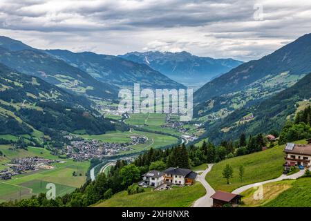 View from the Kreuzjoch mountain above Zell am Ziller across to the Zillertal Alps in Austria Stock Photo