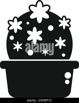 Simple black and white icon of a round cactus with blooming flowers growing in a flower pot Stock Vector