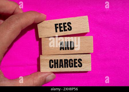 Fees and charges words written on wooden blocks with pink background. Conceptual fees and charges symbol. Copy space. Stock Photo