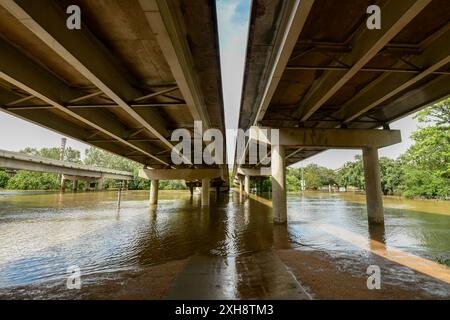 Buffalo Bayou Park, Houston flooded after Hurricane Beryl Stock Photo