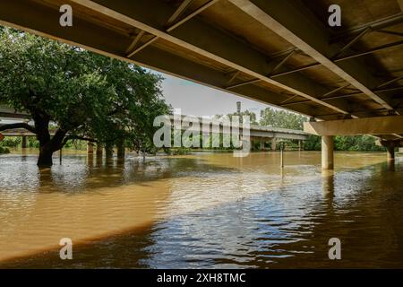 Buffalo Bayou Park, Houston flooded after Hurricane Beryl Stock Photo