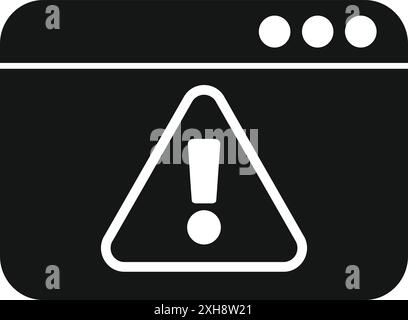 Black and white icon of a computer browser window displaying an error message with an exclamation point Stock Vector