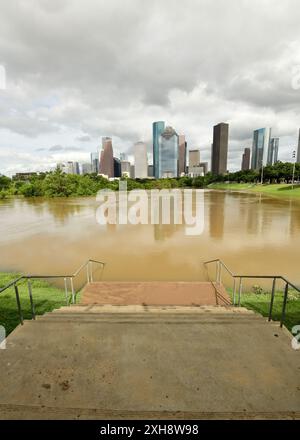 Buffalo Bayou Park, Houston flooded after Hurricane Beryl Stock Photo