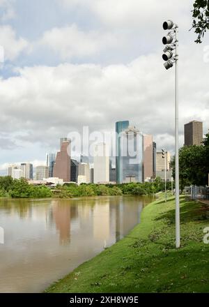 Buffalo Bayou Park, Houston flooded after Hurricane Beryl Stock Photo