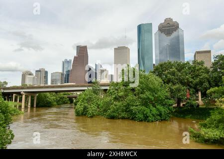 Buffalo Bayou Park, Houston flooded after Hurricane Beryl Stock Photo