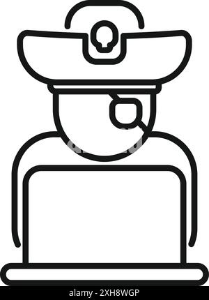 Hacker wearing a pirate hat and eye patch is working on a laptop, representing the concept of cyber crime Stock Vector
