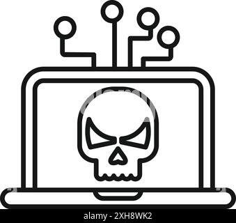 Line art icon of a hacker attack with a skull on a laptop screen Stock Vector