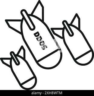 Line art illustration of a ddos attack concept with three bombs falling down Stock Vector