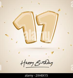 Eleven year anniversary celebration, birthday number 11, black balloon, birthday poster, congratulations, gold numbers with glittery gold confetti. 3D Stock Photo