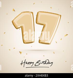 Seventeen year anniversary celebration, birthday number 17, black balloon, birthday poster, congratulations, gold numbers with glittery gold confetti. Stock Photo