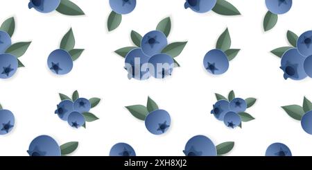Seamless pattern 3d papercut blueberry cutout berry fruit. Summer layered fruits for restaurant, food, drinks, bars, recipes, summer, sweets, vegan, s Stock Vector
