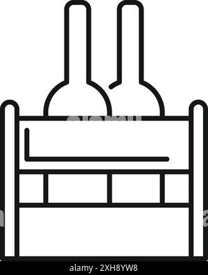Line icon of two wine bottles standing in a wooden crate, ready for shipping or storage Stock Vector