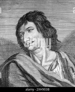 Cyrano de Bergerac. Portrait of the French novelist and playwright, Savinien de Cyrano de Bergerac (1619-1655), engraving by Zacharie Heince, 1654 Stock Photo